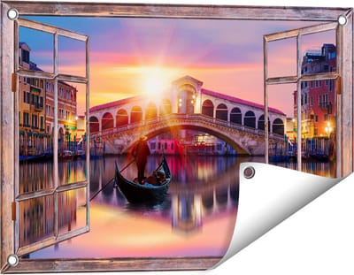 Gards Tuinposter Doorkijk Gondel bij de Rialtobrug in Venetië, Italië - 60x40 cm - Tuindoek - Tuindecoratie - Wanddecoratie buiten - Tuinschilderij