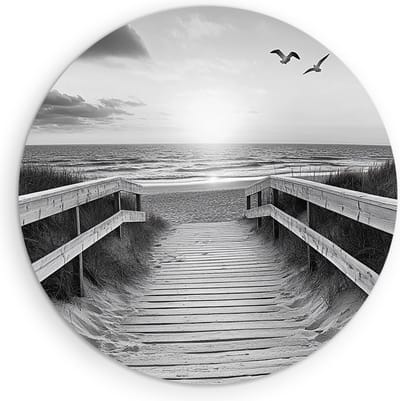 Saammp Muurcirkel Hout - Zwart-Wit - strand en zee - Duinen - Ø 90 - Wandcirkel - Wanddecoratie Cirkel - muurdecoratie Woonkamer - Slaapkamer decoratie - Rond Schilderij