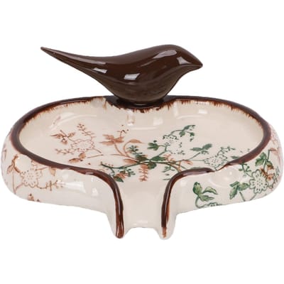 Keramische Zeepbakje met Afvoer V-vormige Zelflozend Zeepbakje voor Badkamer Keuken Vogel Bloemenpatroon Vintage beige