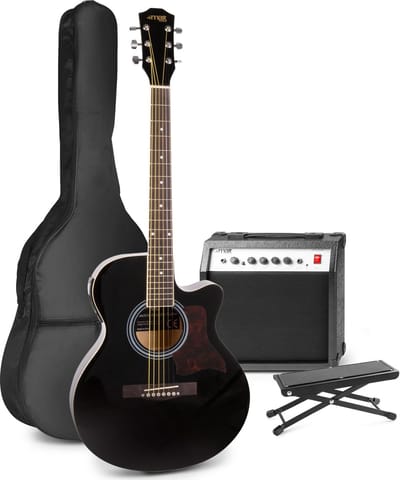 Elektrisch akoestische gitaar - MAX ShowKit gitaarset 4/4 - Met 40W gitaar versterker, gitaar voetenbankje, gitaar stemapparaat, gitaartas en plectrum - Zwart