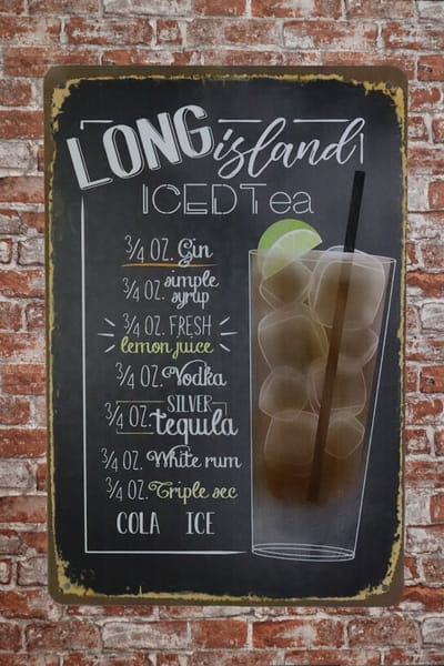 Wandbord - Long island cocktail - Mancave - Metalen wandbord - Mancave decoratie - Tekstborden - Bar decoratie - Metal sign - 20 x 30 cm - Cave & Garden