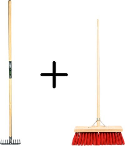 Synx Tools Tuinhark 10 Tanden verzinkt + Nylon Straatbezem 40 cm - Kunststof haren - Bodembewerkers - Onkruidverwijderaar – Schrobborstels – Hark met steel 150 cm – Buitenbezem met steel 150 cm