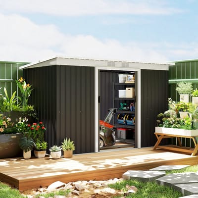Tuinhuis Metaal, Metalen Schuurtje, Tuinberging Metaal, Gereedschapsschuur, Tuinschuur, Berling Met Schuifdeur, Ventilatieraam, Lessenaarsdak, Buiten, Staal, Donkergrijs, 280 X 130 X 172 Cm