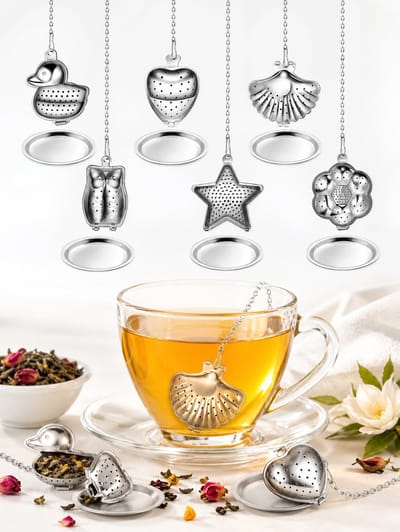 TeaLux 6-Delig RVS Theefilters Set met Lekbakjes - Theezeef voor Losse Thee en Kruiden - Tea Infuser\Strainer Giftset - Verse Thee filter\Zeef Cadeau Pakket - Kruidenbuiltje ei met Onderzetters - Geschenkset