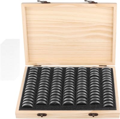100 Pcs Houten Muntencollectie Box met Duidelijke Capsules, Muntopslag en Organizer voor Muntverzamelaars, Ideaal voor Verzamelingen en Bescherming