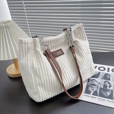 Sac fourre-tout élégant en velours côtelé doux pour femmes Grand sac à bandoulière en peluche avec fermeture éclair Sac à main pour femmes de grande capacité blanc