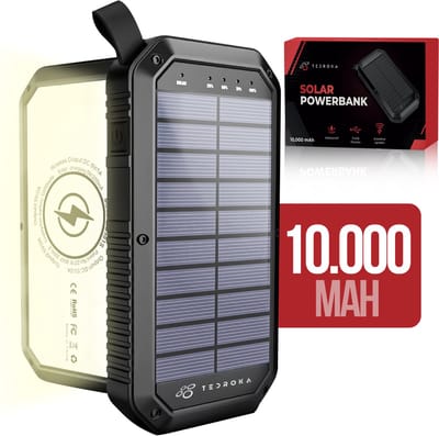 Tedroka® Zonne-Energie Powerbank - 3-in-1 Draagbare Oplader - USB-C & USB-Poorten - Draadloze Charger - Power Bank 10000 mah - Extern batterij met zaklamp voor kamperen