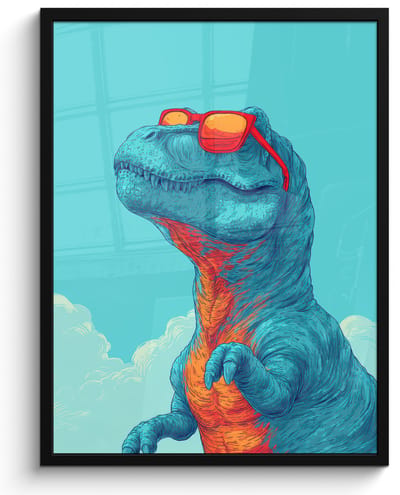 Poster in lijst - Fotolijst 60x80 cm - Posters - T-Rex - Blauw - Wolken - Zonnebril - Posterlijst zwart - Decoratie - Wanddecoratie woonkamer - Muurdecoratie slaapkamer