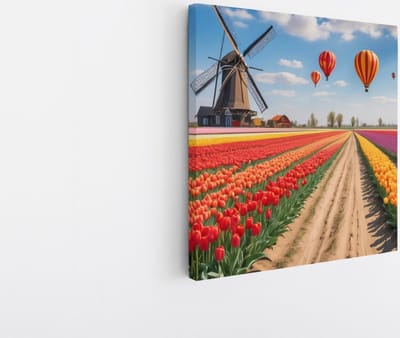 Saammp Canvas Schilderij - Landschap - Luchtballonnen boven een tulpenveld met een molen - Natuur - 20x20 - Foto op canvas - Wanddecoratie - Muurdecoratie Woonkamer - Slaapkamer decoratie - Canvas Print