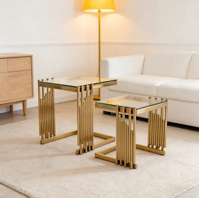 STILVORA Bijzettafel Set - Vierkant Met Gehard Glas - Flexibel Voor Woonkamer Slaapkamer En Balkon - Rvs En Glas - Goud