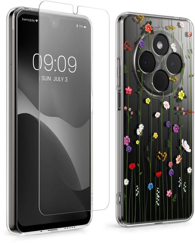 kwmobile telefoonhoesje geschikt voor Xiaomi Redmi 14C / Poco C75 hoes - Telefoonhoesje voor smartphone - Telefoon cover - Met glazen schermbeschermer - Wilde Bloemen Stengels design