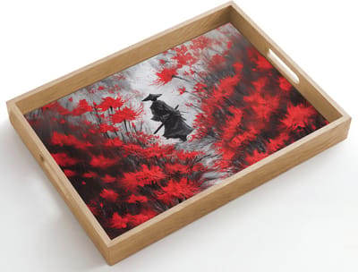 Dienblad hout 50x35 cm - Schootdienblad - Rode bloemen - mistig - Man - Borrelplank rechthoek - Plateau dienbladen