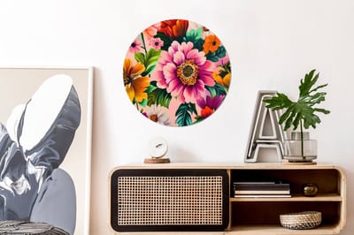WallCircle - Wandcirkel - Muurcirkel - Bloemen - Kleurrijk - Roze - Aluminium - Dibond - 60x60 cm - Binnen en Buiten