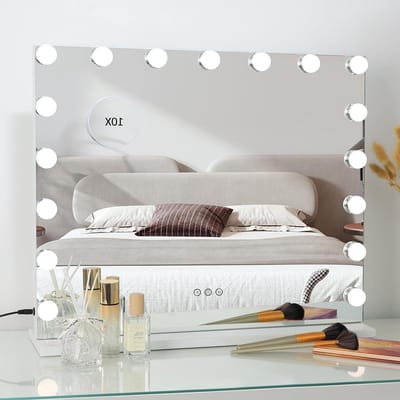 Dimbare Hollywood Make-upspiegel - 17 Gloeilampen - 3 Kleurmodi - Touch-bediening - Tafelspiegel - Cosmeticaspiegel - USB-oplaadpoort - 60 x 50 cm - Wit