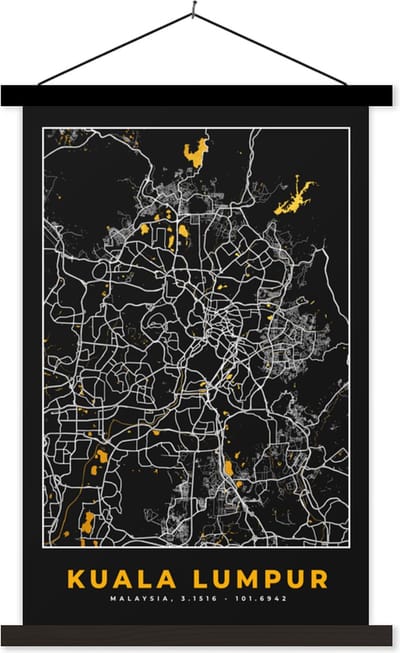 Posterhanger incl. Poster 40x60 cm - Schoolplaat - Kuala Lumpur - Stadskaart - Plattegrond - Goud - Kaart - Textielposter - Zwarte latten - Stadskaart