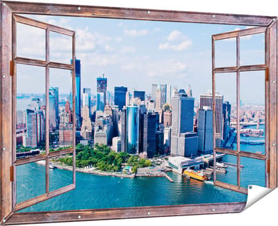 Gards Tuinposter Doorkijk New York Als een Eiland vanuit de Lucht - 180x120 cm - Tuindoek - Tuindecoratie - Wanddecoratie buiten - Tuinschilderij