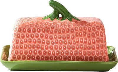 Grote Boterdoos met Aardbeienpatroon en Deksel voor Keuken en Thuis - 19.5L x 9.5 x 11.5H (cm), Vaatwasserbestendig, Keramische Botercontainer voor 500g, Roze en Functioneel
