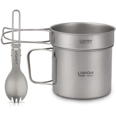 Lixada – batterie de cuisine en titane ultralégère, pour Camping en plein air, Pot de 900ml/1100ml 1100ml pot & 350ml pan & spork gray