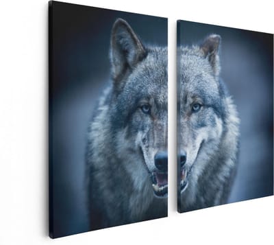 Artaza Canvas Schilderij Tweeluik Wolvenkop Met Blauwe Ogen - Wolf - 80x60 - Foto Op Canvas - Canvas Print