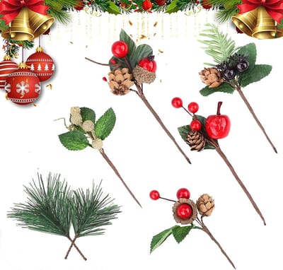 Set van 21 Kunstmatige Kerstbesjes met Kleine Dennentakjes, Rode Bessen en Dennenappels voor Kerstboom en Kransdecoratie