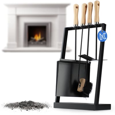 KADAX Moderne haardset, haardbestekset, 5-delige haardgarnituur, haardaccessoireset met pookhaak, asschep, haardbezem, asschraper en standaard (zwart, set van 5)