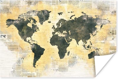 Poster 30x20 cm - Wereldkaart - Krant - Goud - Posters - Kamer decoratie - Wanddecoratie woonkamer - Muurdecoratie slaapkamer