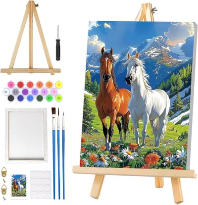 Paarden Schilderen op Nummer voor Volwassenen met Frame, Eenvoudige DIY Landschap Schilderkits met Easel en Kunstbenodigdheden