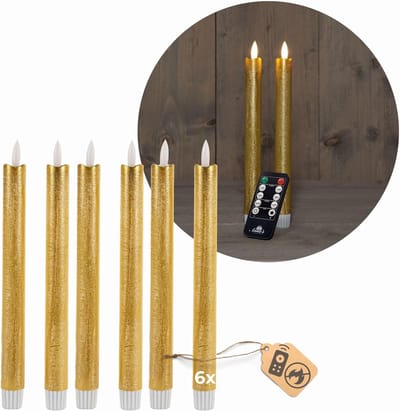 LED-kaarsen met timer GOUD 6 stuks Binnen 6 uur ECHTE WAS 18 cm hoogte voor kaarsen 2,2 cm diameter 2 AAA-batterijen vereist LED-kaarsen set van 4 GOUD (twee keer) bewegende vlamlamp