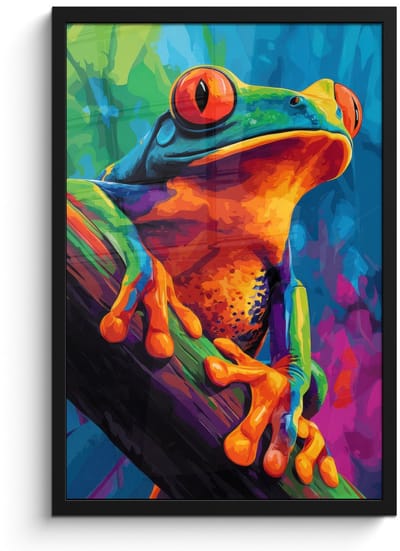 Poster in lijst - Fotolijst 40x60 cm - Posters - Kikker - Felgekleurd - Tak - Regenboog - Posterlijst zwart - Decoratie - Wanddecoratie woonkamer - Muurdecoratie slaapkamer