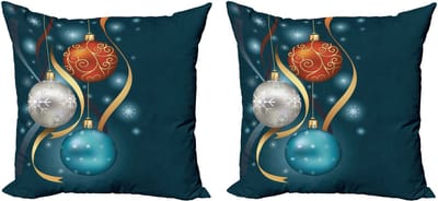ABAKUHAUS Kerstkussenhoezen, set van 2, levendige kerstballen en linten, moderne accenten, dubbelzijdige digitale print, 40x40 cm, blauw, grijs, rood