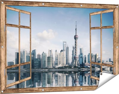 Gards Tuinposter Doorkijk Shanghai Skyline in China - 120x80 cm - Tuindoek - Tuindecoratie - Wanddecoratie buiten - Tuinschilderij