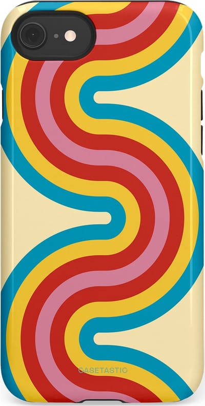 Casetastic hoesje geschikt voor Apple iPhone SE / Apple iPhone 7 / Apple iPhone 8 - Dubbellaagse bescherming - Retro kronkels - Fashion Case - Crème Lichtblauw Goud Rood