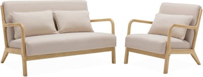 sweeek - Scandinavische 2-zitsbank en fauteuil van naturelkleurig hout en stof - lorens