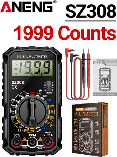ANENG SZ308| Multimeter Digitale Slimme Stroomptester |1999 Telt AC/DC Spanningsmeter Ohm NCV Meetinstrumenten Elektriciteit | Auto Tester | Snelle Herkenning,Spanning Stroom Weerstand Capaciteit Frequentiemeter|Digitale Multimeter|Stroomkabels|Zwart