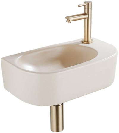 Fugaflow Efficiente Pietra Fonteinset - 40x21.5x12cm - rechts - glad - halfrond - 1 kraangat - keramiek - fonteinkraan geborsteld messing - afvoerplug - verlaagd sifon - beige