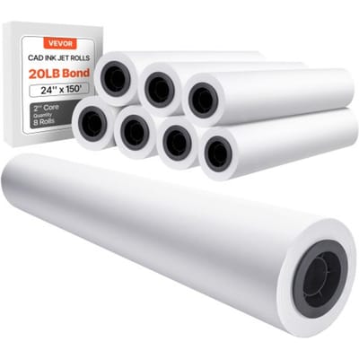 VEVOR Breedformaat papierrollen 609,6 mm (B) / 45,7 m (L), 20 lb Papierrollen ideaal voor CAD-tekeningen, technische plannen, GIS-kaarten, architectonische ontwerpen, plotterpapier