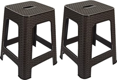 Hega Hogar Zit/opstap krukje - 2x - Rotan line - donkerbruin - kunststof - 37x37x45 cm - stapelbaar