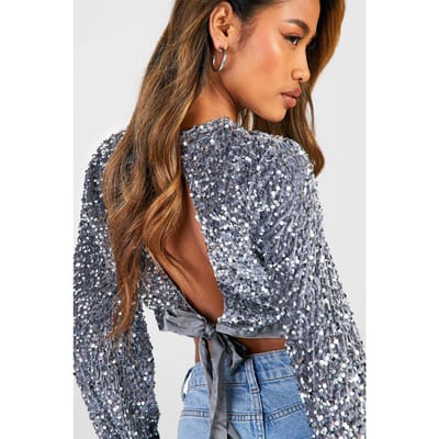 boohoo Dames Crop Top met Pailletten en Achterstrik | Silver | Maat: 16