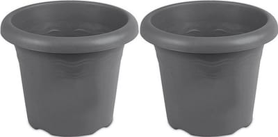 2x Grijze ronde plantenpotten/bloempotten Flori 14 cm kunststof - Onbreekbare plantenbakken/bloembakken - Tuin decoraties