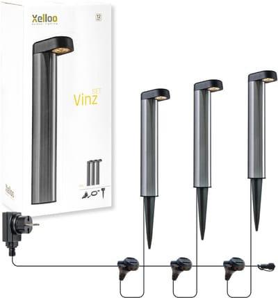 Xelloo® Vinz LED Tuinverlichting set van 3 stuks - 8 meter - Warm Wit Licht - 12V Grondspots voor buiten met Stekker - IP44 Waterbestendig - RVS Tuin Verlichting op Stroom 12 Volt - Inclusief trafo, kabel en schuifsysteem - Padverlichting