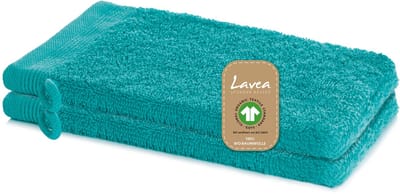 Lavea® 2 Washandjes 16 x 22 cm van 100% biologisch katoenen badstof, zacht en absorberend, voor thuis, hotel en spa – met ophanglus – Oceaanblauw