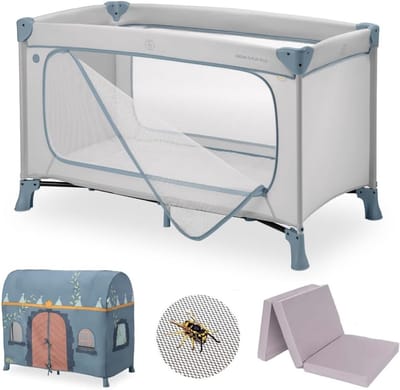 Kinderreisbed - Reiswieg Loopbox - Veilig Slapen Spelen - XXL Accessoirepakket - 125 x 65 x 76 cm - Dusty Blauw