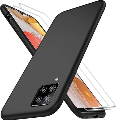 HB Hoesje en Glas Geschikt voor Samsung Galaxy A42 5G - Zwart - Siliconen Back Cover + 2x Glazen Screenprotector