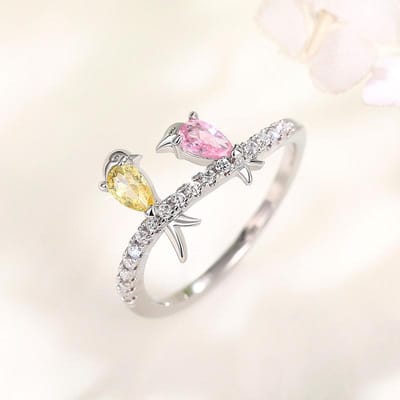 Huitan Koppel Vogels Ringen Nieuw Ontwerp Vinger Accessoires voor Vrouwen Dagelijkse Slijtage Statement Ringen met Roze/Gele CZ Grappige Sieraden 10 white