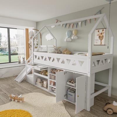 VVBV Hoogslaper 90x200cm - Met Glijbaan En Trappenkast - Kinderbed Met Schuiflades - Massief Hout + MDF - Wit (Zonder Matras)
