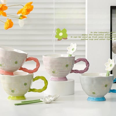 Kleine Bloemen met Lepel Schattige Keramische Kop met Handvat Kelk Kantoor Waterbeker Beker met Grote Inhoud Huishoudset 450ML gray