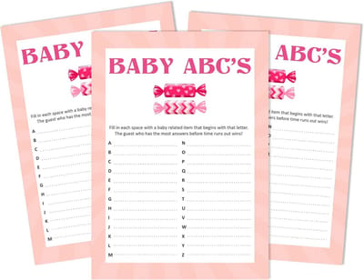 50 Babyshower Spelkaarten Meisjes - ABC Spel & Activiteiten Pakket - Inclusief Snoepthema Feestartikelen