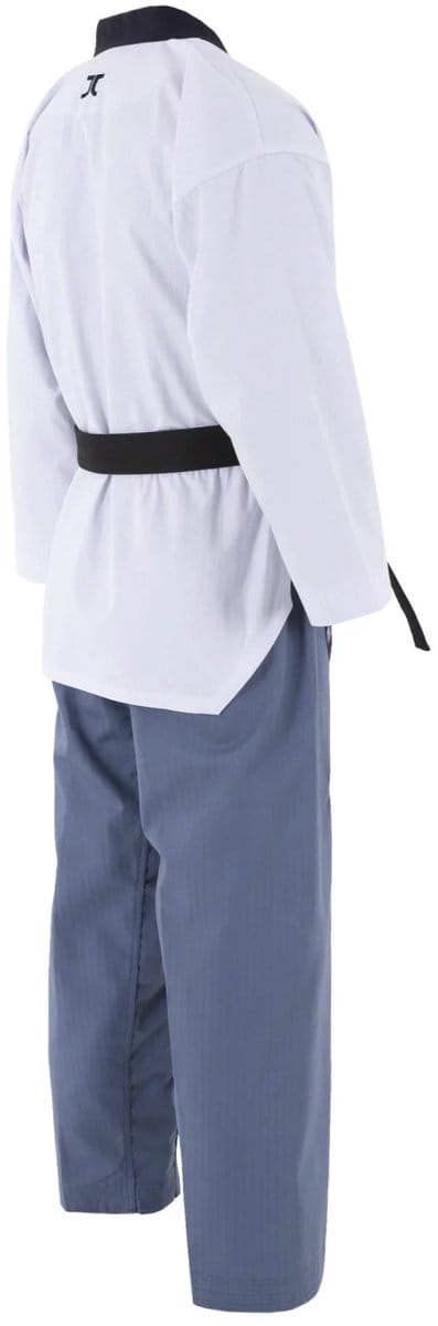 JCalicu poomsae dan taekwondopak voor dames | WT | Wit / Blauw (Maat: 150)