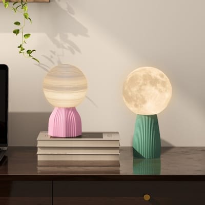 MEUNIQ set van 2 tafellampen in planeet- en maanlook, USB, 3 lichtkleuren, 10 helderheidsstanden, Ø15 cm, voor slaapkamer of bureau, wit