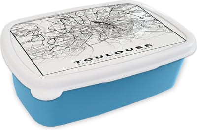 Broodtrommel Blauw - Lunchbox - Brooddoos - Kaart - Stadskaart - Frankrijk - Toulouse - Plattegrond - Zwart wit - 18x12x6 cm - Kinderen - Jongen